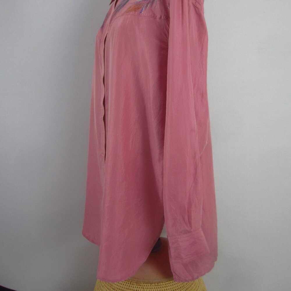Vtg Wanted Women M Mauve Pink Painted Metallic LS Silk Western Cowboy Shirt - Picture 13 of 14